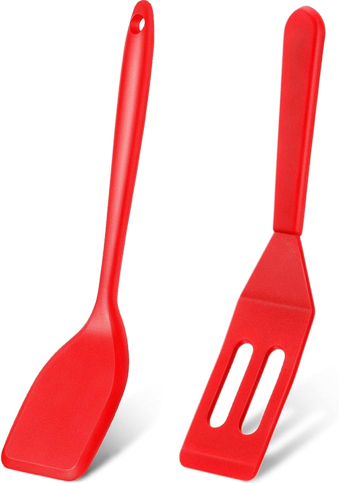 Patelai Mini Silicone Brownie Serving Spatula Flexible Nonstick Serve Turner Heat Resistant Cookie Slotted Spatula for Eggs in Small Frying Pan Cookie Batter Lemon Baked(Red,2 Pieces)