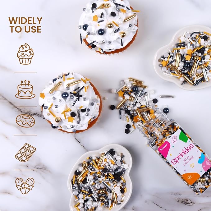 Black Sprinkles for Cake Decorating, 3.52oz Graduation Candy Sprinkles, Metallic Gold and Silver Sugar Candy for Cupcakes Baking Ice Cream Cookies, Wedding Birthday Party Decorations