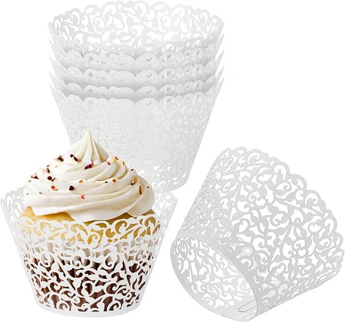 PATIKIL Cupcake Wrappers Paper, 50 Pack Baking Cups Standard Vine Decoration for Anniversary Birthday Weddings and Parties, White