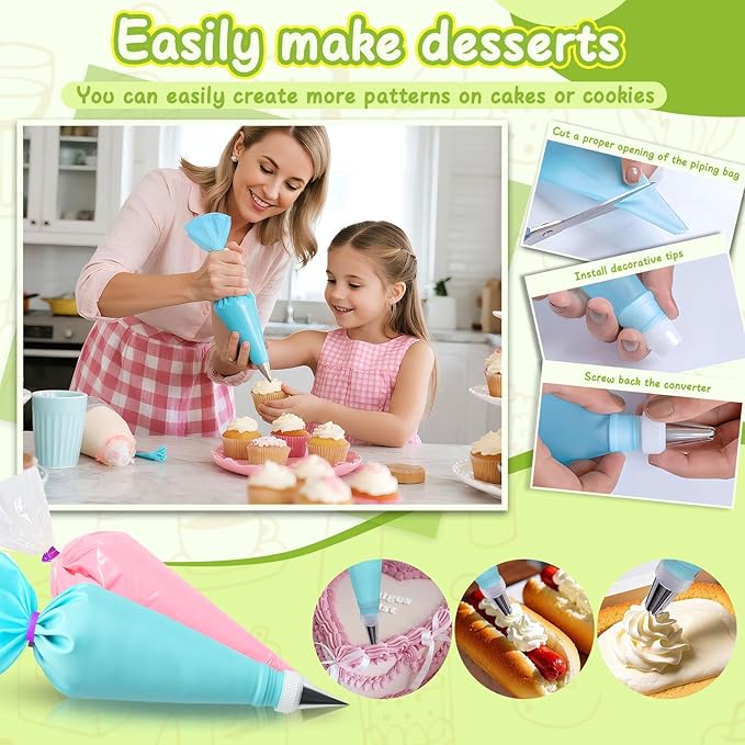 NOVANO Piping Bags and Tips Set, Cakes Decorating Supplies Kit with 100pcs 12 Inch Pastry Bags, 6 Piping Tips,1 Reusable Pastry Bags, 2 Couplers, and 2 Icing Bags Ties,Simple and Convenient Baking Set