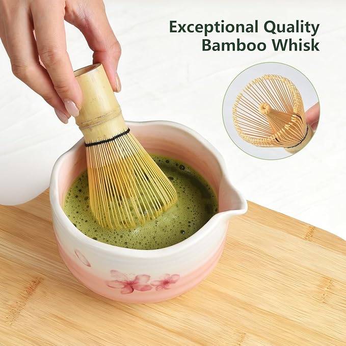 7PCS Matcha Whisk Set, Sakura Cherry Bloosm Matcha Kit Christmas Gifts for Women Birthdays Mom Girls Kids and Matcha Tea Lover, with Bamboo Whisk, Holder, Bowl, Scoop, Sifter, Towel, and Elegant box