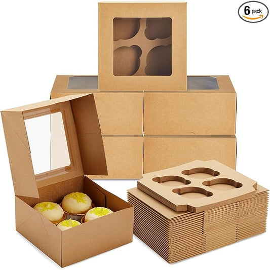 Juvale Cupcake Boxes - Clear Window Display - Easy Assembly for Muffin Packaging - Food Grade Cupcake Containers - Pack of 24, 6-Count, Brown Paperboard, 9.4 x 6.2 x 2.9 in