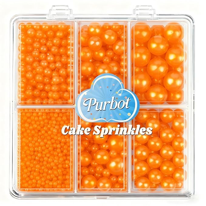 Orange Pearl Sprinkle for Cake Decorating, 4 Sizes Sugar 130g/4.6oz, Cupcake, Ice Cream, Donuts, Macaron Toppings Supplies (2mm, 4mm, 7mm, 1cm)