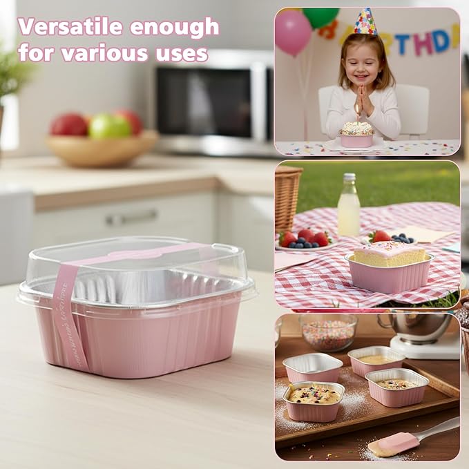 Ruckae 10oz 100 Pcs Square Mini Loaf Pans with Lids-Disposable Foil Dessert Containers,Mini Cake Pans with Lids,Aluminum Dessert Cups for Parties and Weddings (Pink, 10oz)