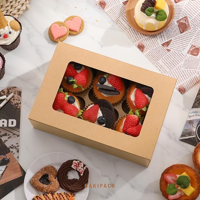25 Cupcake Boxes, Kraft Cupcake Boxes 6 Count with Window and Inserts, Cupcake Holders for Cupcakes, Muffins, Cookies, Pastries