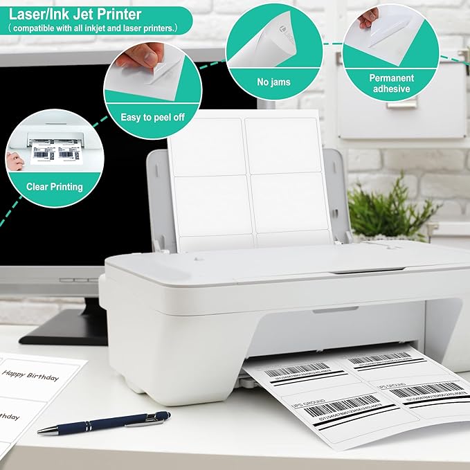 L LIKED 3-1/3" x 4" Printable White Sticker Labels, 300 Labels for Laser/Inkjet Printing - Matte (300 Labels, 50 Sheets)