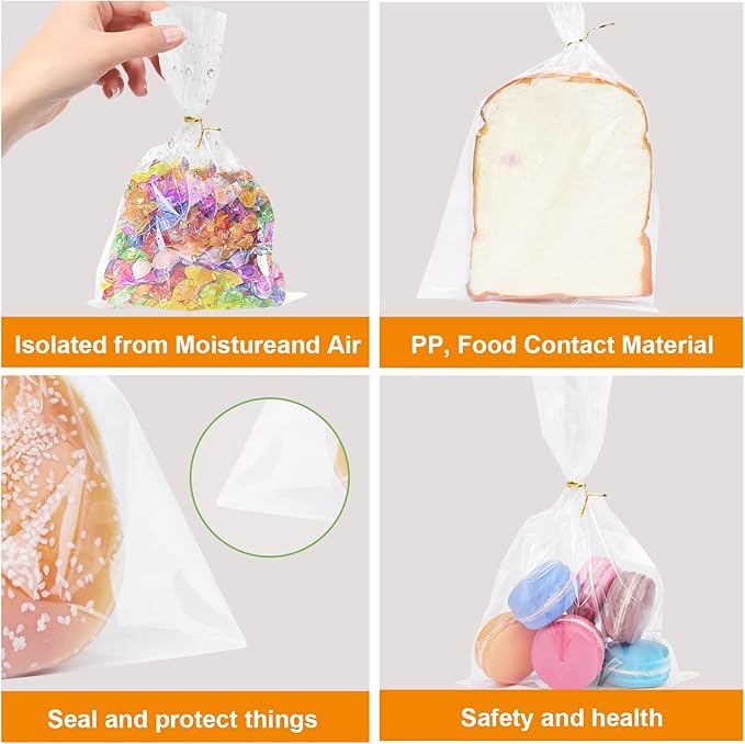 300 PCS Clear Flat Cellophane Treat Bags with 3x5",4x6",5x7",6x9",2x10",5x11",Treat Bags with Ties are Good for Pretzel Rods,Bakery, Cookies, Candies,Dessert.