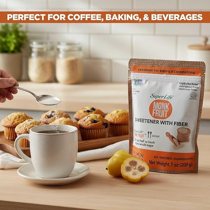 Super Life Monk Fruit Sweetener with Fiber – Low-Glycemic Index, Erythritol-Free Sugar Alternative for Baking, Beverages & Caramelizing | Non-GMO, Low-Calorie, Keto Diet Friendly – 7oz / 200g (8-Pack)