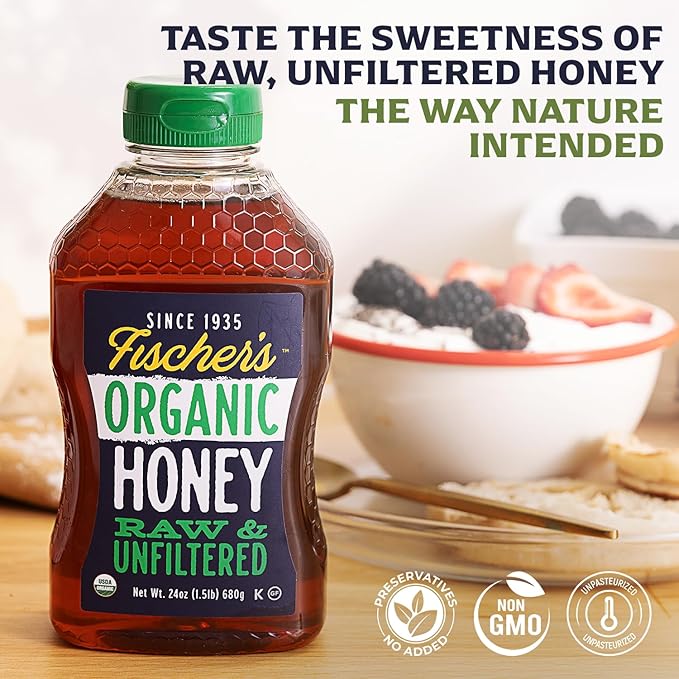 Fischer's 100% Organic Honey, USDA Certified, 24 Oz – Pure, Raw & Unfiltered Honey – All-Natural Sweetener – Rich Flavor Profile, Packed with Nutrients