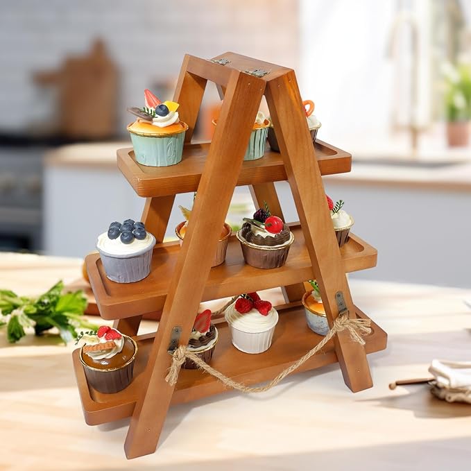 Rustic 3-Tier Cupcake Stand - Wooden Desserts Stand for Cakes,Pastries &Fruits - Removable Trays& Foldable Design-Perfect for Parties Home Events and Weddings-Ideal Gift For Party Enthusiasts