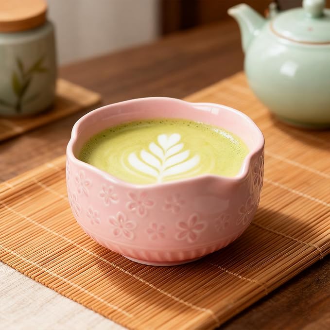 Matcha Set, 9 Pcs Ceramic Matcha Set Includes Bowl, Whisk and Holder, Bamboo Scoop, Scoop Rest, Sifter and Tea Towel ect- Complete Kit for Traditional Matcha, Modern Lattes (Pink)