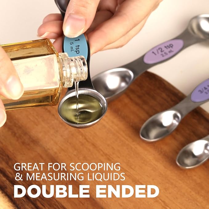 Pack of 8 Stainless Steel Magnetic Measuring Spoons Set, Dual Sided, Stackable, Adjustable Teaspoon and Tablespoon Measure Spoon with Leveler, Kitchen Gadgets