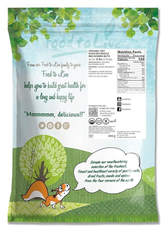 Food to Live Organic Dry Roasted Whole Macadamia Nuts, 8 Pounds – Unsalted, Delicious and Nutritious Snack Made from Premium Non-GMO Nuts, Perfect for Keto and Paleo Diet. Rich Butter Flavor. Kosher