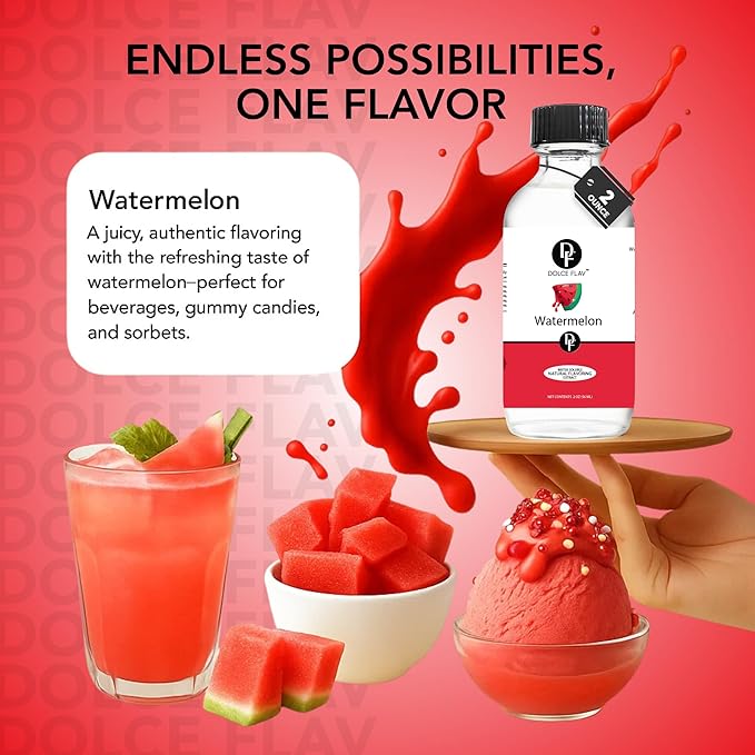 Dolce Flav Natural Watermelon Flavoring – Sweet, Juicy Summer Fruit Taste | 2 oz Extract for Baking, Drinks & Frozen Treats | Graduated Dropper Included | Water-Soluble | Kosher | Made in USA