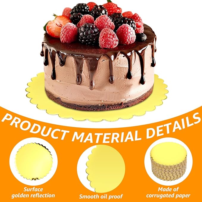 50 Pack 8 Inch Cake Boards, Round Gold Wave Cake Circles, Disposable Pizza Cardboard Cake Base Stand for Wedding Birthday Anniversary Desserts