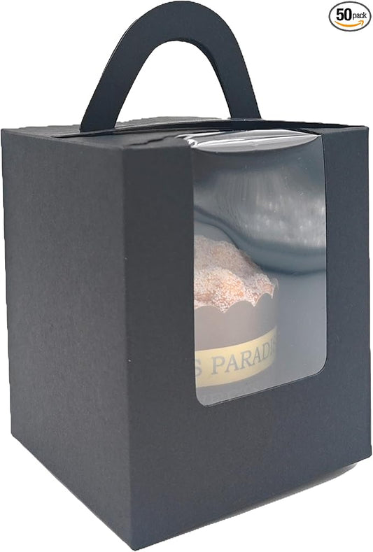 50-Set Individual Cupcake Boxes Bulk with Clear Display Window, Disposable Food Grade Black Cupcake Carrier Cupcake Container, Perfect for Cupcakes Muffins Cookies Pastries