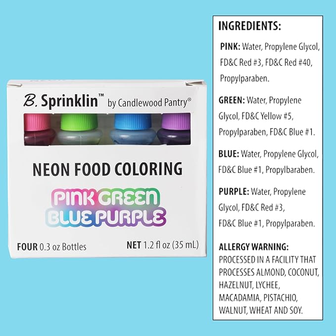 Candlewood Pantry B. Sprinklin Neon Liquid Food Coloring Kit Set of 4 - Pink, Green, Purple, Blue - Vibrant Food Dye for Slime Crafts, Eggs, Frosting and Cake Decorating 0.3 fl oz (Pack of 2)