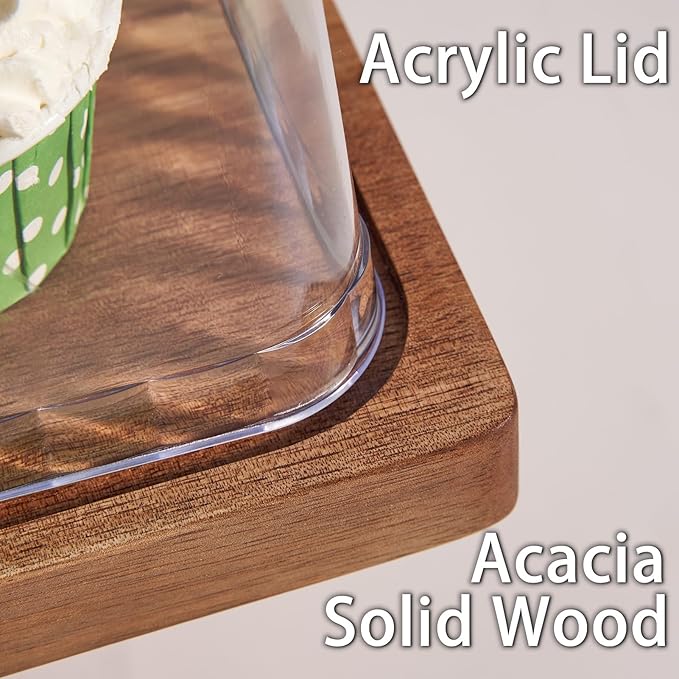 Cake Stand with Lid, 11.6″ Square Small-Sized Cake Holder, Acacia Solid Wood Dessert Table Display Set, Charcuterie Board for Cheese ,Fruit Platter, Large Acrylic Cake Dome Cover