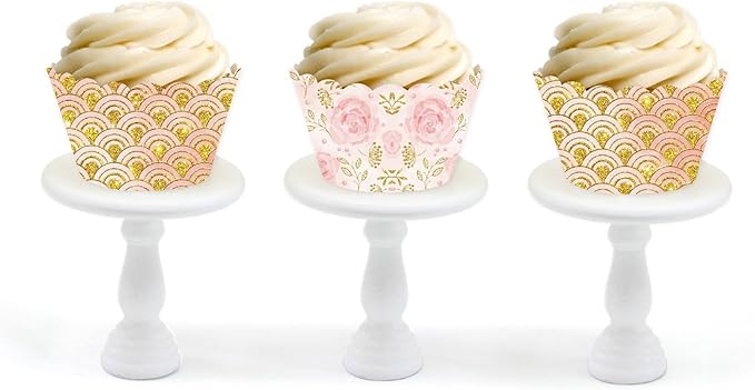 Andaz Press Party Cupcake Wrapper Decorations, Pink Roses and Blush Pink and Gold Design, 24-Pack, Theme Colored Bulk Cake Supplies