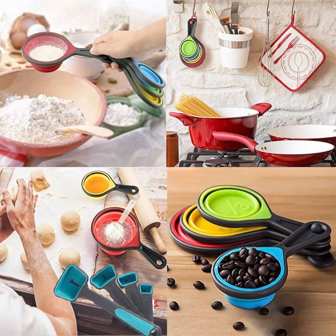 Collapsible Measuring Cups and Spoons - Portable Food Grade Silicone for Liquid & Dry Measuring, 8 Piece Set Kitchen Measuring Tool