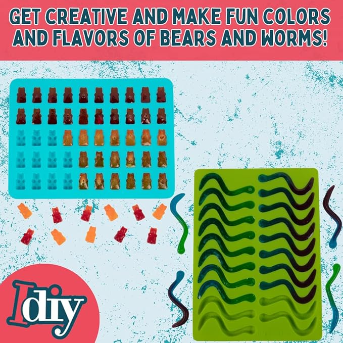 Gummy Bear & Worm Silicone Candy Molds (4pk) BPA-Free Nonstick Trays w 2 Droppers for Chocolate, Ice Cubes & More-Make up to 140 Candies for Holiday Parties-Fun Winter Activity, Gift, Stocking Stuffer