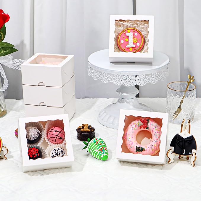 50Pack 4x4x2 Inch Cookie Boxes with Window Bakery Boxes Treat Boxes Truffle Boxes Party Wedding Favor