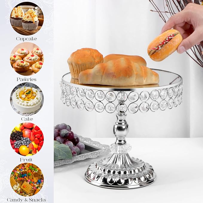 12-Piece Silver Cake Stand Set, Vintage Cake Stand with Crystal Edge and Cupcake Display Tray, Dessert Table Display Set for Wedding, Party, Baby Shower, Anniversary Celebration