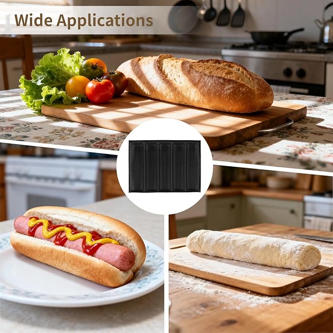 2 Pcs Baguette Bread Pan, 5-Well Fiberglass Silicone Bread Loaf Pan with Silicone Spatula, Brush, Anti-Scald Clip, Aerated Pan for French Bread, Hot Dog Buns