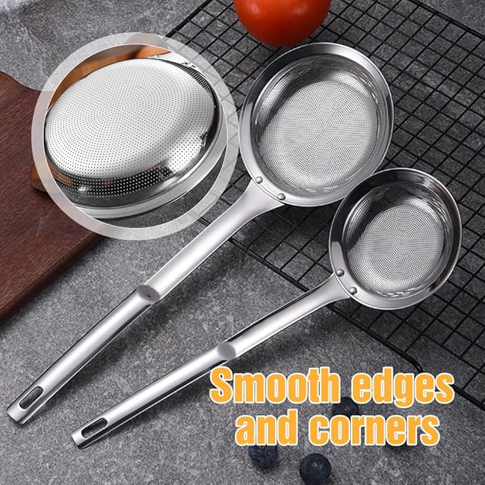 Fine Mesh Stainless Steel Colander, 2024 New Stainless Steel Fine Mesh Strainer for Oil Filter Skimming Grease and Foam, Premium Skimmer Spoon Fine Mesh Strainer with Long Handle (A-Large)