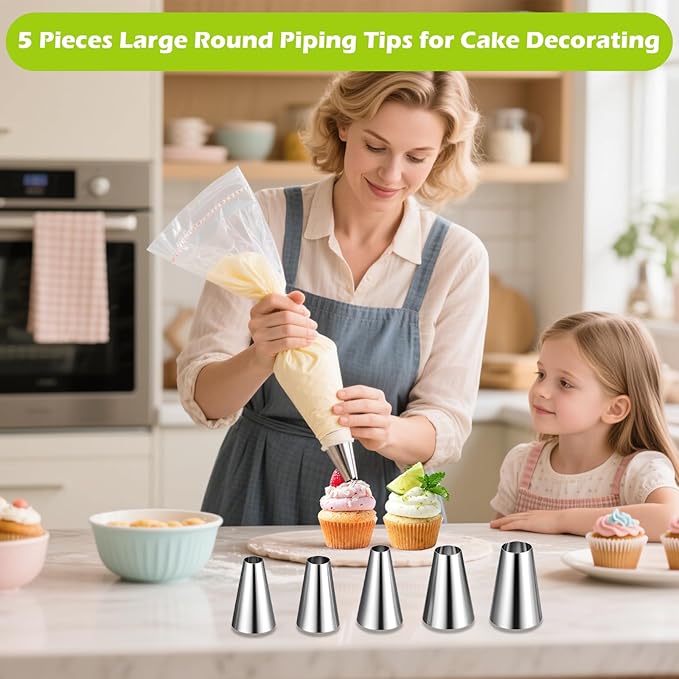 Suuker 5 Pieces Round Piping Tips, Cake Decorating Tips, Frosting Icing Tips for Cupcakes, Cake, Cookie and Decorating（1A 2A 803 R16L R18L）
