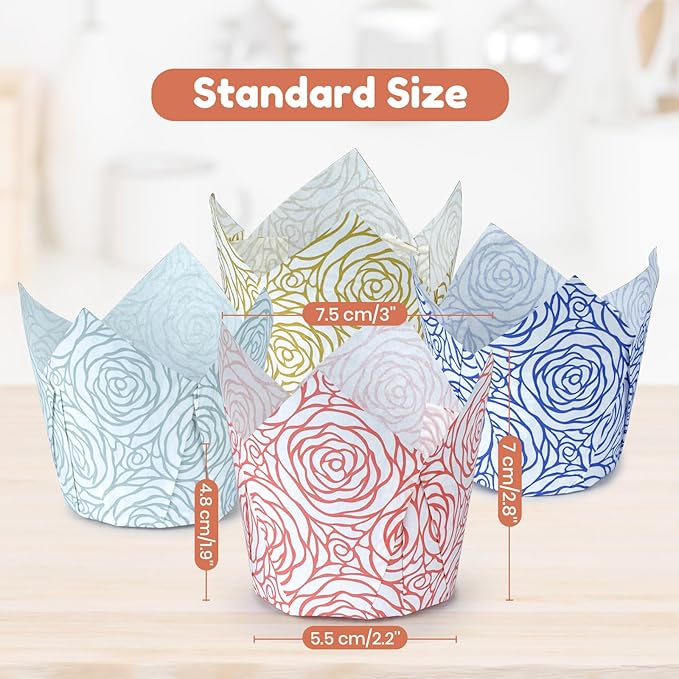Parmedu 160pcs Tulip Paper Cupcake & Muffin Liners Oil Resistant - Standard Size 4 Colors Rose Pattern Baking Cups Cupcake Wrappers, Model BK010