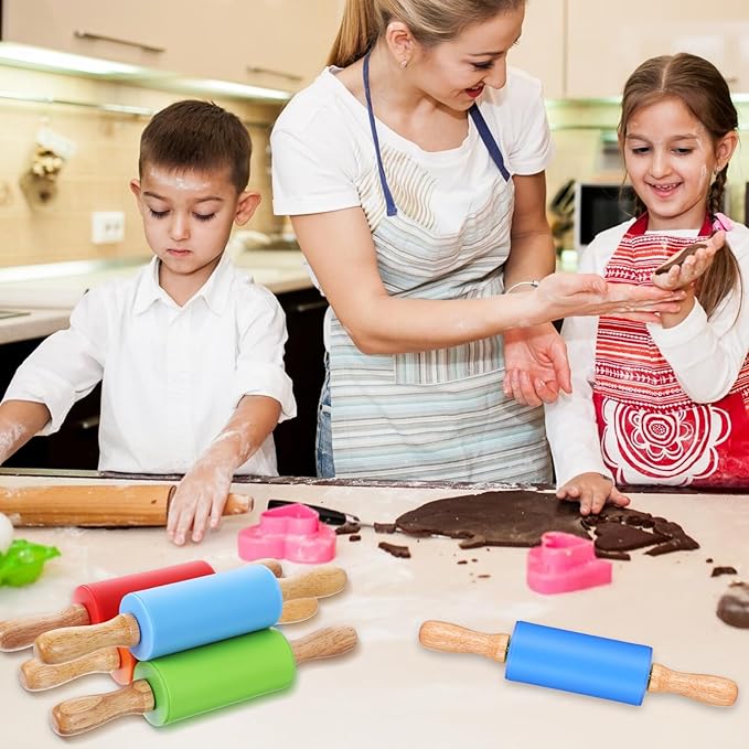 12 Pcs Small Rolling Pin 9 Inch Mini Rolling Pin Silicone Wooden Cooking Pins Baking 4 Colors Non Stick with Wooden Handle for Kitchen Dough Cookie Pastry Fondant Cake