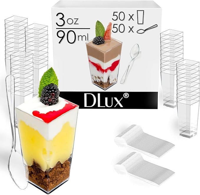 DLux 50 x 3 oz Mini Dessert Cups with Spoons, Square Tall - Clear Plastic Parfait Appetizer Cup - Small Reusable Serving Bowl for Party Desserts Appetizers - With Recipe Ebook