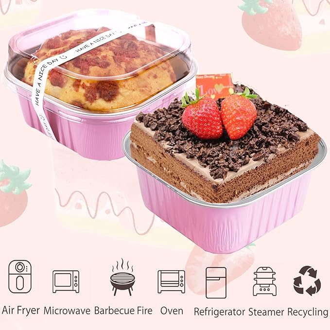 10oz Mini Cake Pans With Lids 50 Pack Aluminum Foil Square Brownie Baking Cups,4”x4” Disposable Loaf Pans With Lids and Spoons Stickers,Large Cupcake Pans Muffin Cake Tins Cake Container(Pink)