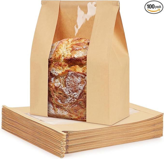 100 Pack Paper Bread Bags with Tabs for Homemade Sourdough, Large Bakery Bags with Window for Sourdough Boule, Bread Loaves, Bagels, Pastries, Baguettes (8.3x3.5×13 Inches)