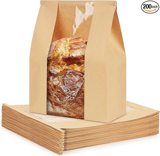 200 Pack Paper Bread Bags with Tabs for Homemade Sourdough, Large Bakery Bags with Window for Sourdough Boule, Bread Loaves, Bagels, Pastries, Baguettes (8.3x3.5×13 Inches)