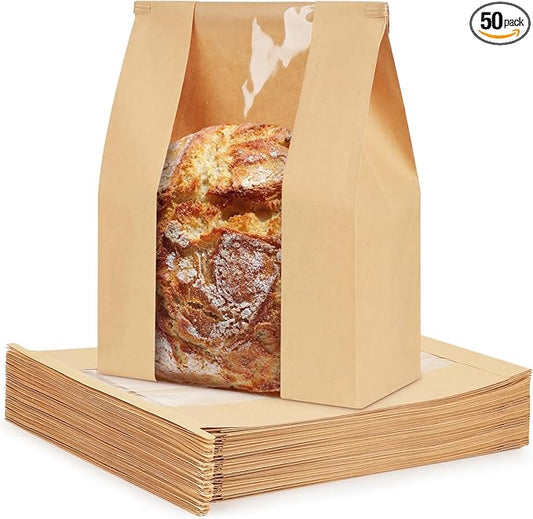 50 Pack Paper Bread Bags with Tabs for Homemade Sourdough, Large Bakery Bags with Window for Sourdough Boule, Bread Loaves, Bagels, Pastries, Baguettes (8.3x3.5×13 Inches)