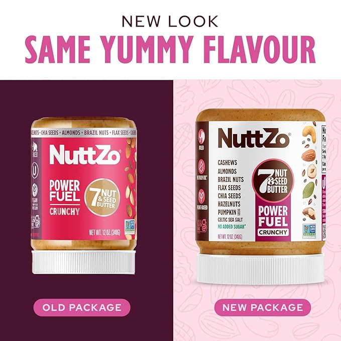 NuttZo Natural Power Fuel 7 Nuts and Seeds Butter, Crunchy, Paleo and Keto Friendly, Peanut and Gluten Free, Kosher, No Added Sugar or Oil, 12 oz Jar