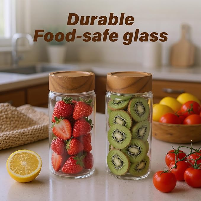 2-Pack 13 oz Glass Mason Jars with Acacia Wood Lids - Sealable, Leakproof, Clear & Stackable Food Storage Containers for Overnight Oats, Meal Prep, Flour, Sugar & Rice Storage