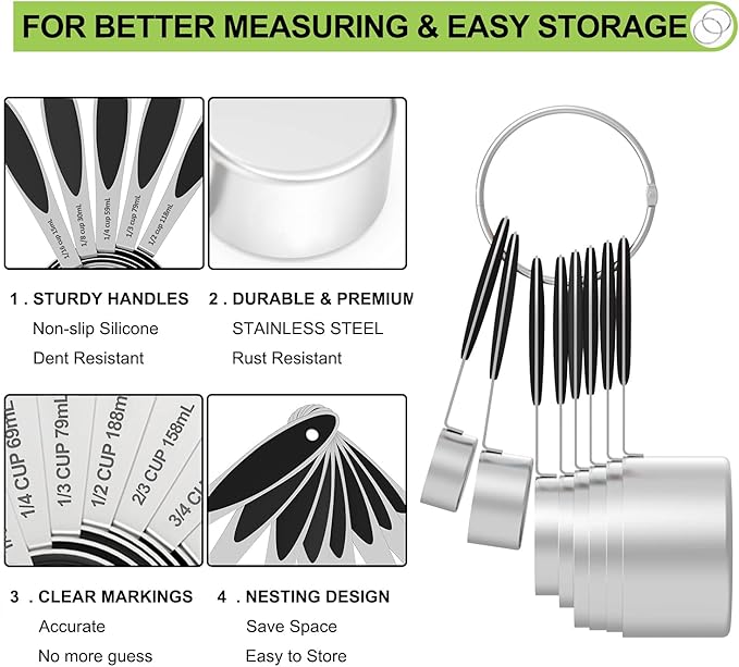 Measuring Cups and Measuring Spoons Set, Wildone Stainless Steel 8 Measuring Cups, 10 Measuring Spoons, 1 Leveler 1 Whisk & 5 Mini Spoons, for Dry and Liquid Ingredient - 25 Piece Black
