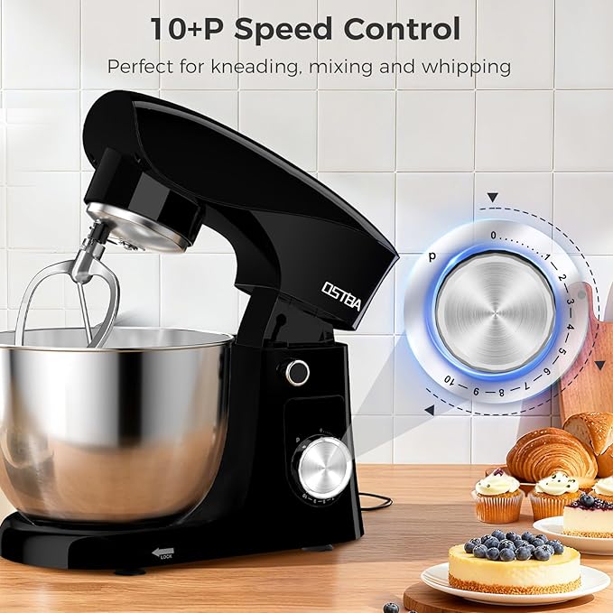 OSTBA Stand Mixer, 5QT+5.5QT Two Bowls Electric Kitchen Mixer, 10+P Speed Dough Mixer with Whisk, Beater & Dough Hook, Dishwasher Safe, Black