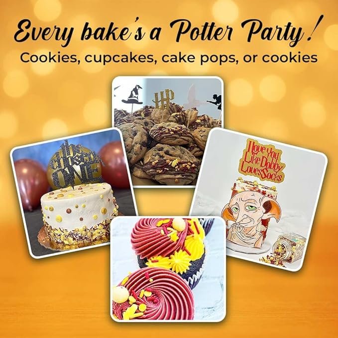 Harry Potter Cake Decorations with Wizard Lightning Sprinkles, Maroon and Gold Jimmies, Nonpareils, Sugar Pearls, Lightning Bolt Quins - Harry Potter Sprinkles for Birthday Cake Decorating, Baking