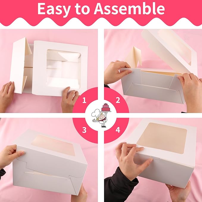 4 Pack Cake Boxes 10 Inch, Disposable Cake Transport Container, White Bakery Boxes with Large Window, for Cookies Pies Cupcakes Pastry (10×10×5 Inches)