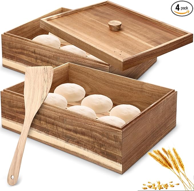 Remerry 2 Wooden Pizza Dough Proofing Box with 1 Lid, 1 Scraper Set 16" x 12" x 9" Stackable Dough Pizza Proofing Box Container for Home, Mobile, or Pizzeria