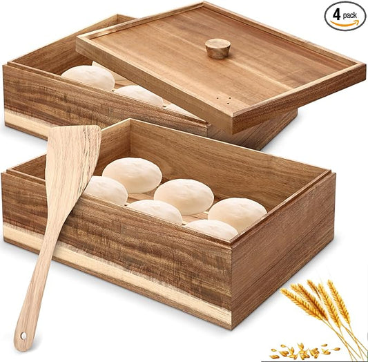 Remerry 2 Wooden Pizza Dough Proofing Box with 1 Lid, 1 Scraper Set 16" x 12" x 9" Stackable Dough Pizza Proofing Box Container for Home, Mobile, or Pizzeria