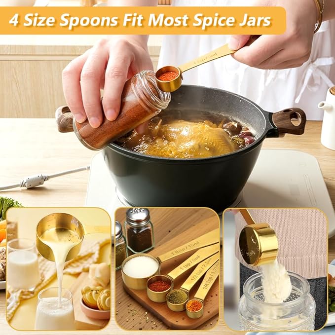 Gold Measuring Cups and Spoons, Set of 9, Including 4 Measuring Spoons, 5 Measuring Cups, Stainless Steel Kitchen Gadgets for Liquid & Dry Ingredients