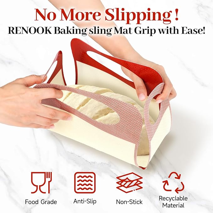 Silicone Baking Mats, 2 PACK Silicone Bread Loaf Pan Liner & Lifters with 4 Handles, Food-Grade Reusable Bread Sling, NonStick & Easy Clean Dough Transfer Baking Mat for 9 X 5 IN Loaf Pans