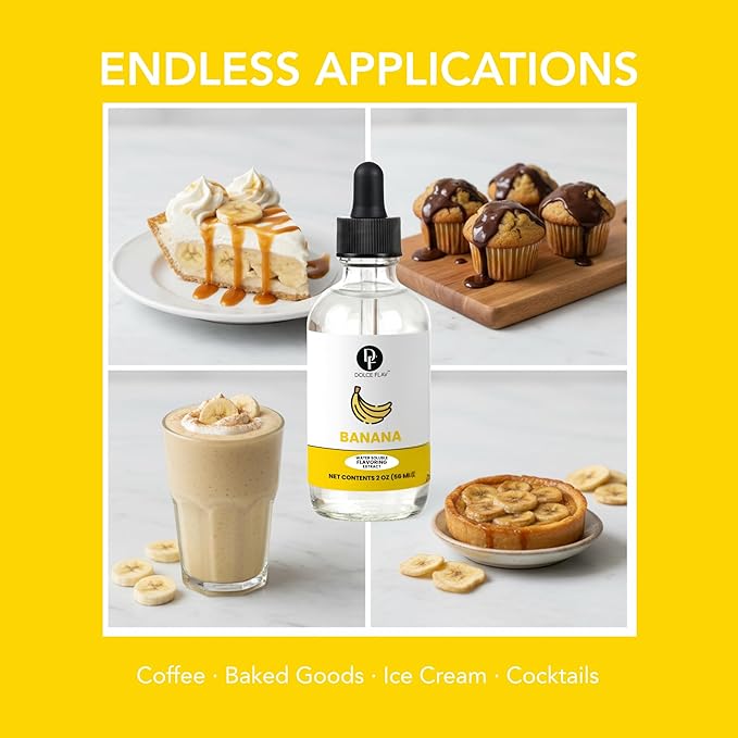 Dolce Flav Natural Banana Extract – 2 oz Water-Soluble Pure Banana Flavoring Drops for Baking, Smoothies & Desserts | Sugar Free, Allergen Free, Kosher | Made in USA