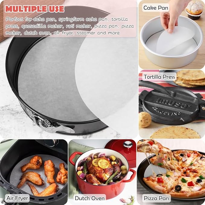 BYKITCHEN 12 Inch Parchment Paper Rounds, Set of 220, Non Stick Parchment Paper for Baking, Round Pizza Parchment Paper for Pizza Maker, Pizza Pan, Tortilla Press, Quesadilla Maker, Cake Pan and More