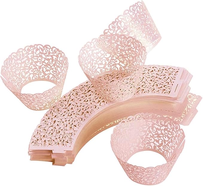 GOLF 100Pcs Cupcake Wrappers Artistic Bake Cake Paper Filigree Little Vine Lace Laser Cut Liner Baking Cup Wraps Muffin CaseTrays for Wedding Party Birthday Decoration (Pink)